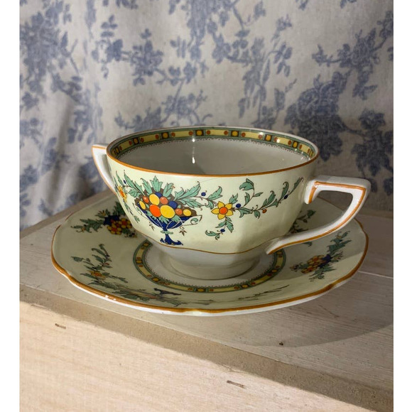VTG Crown Ducal Ware Citrus Double Handled Cup and Saucer Set - Picture 1 of 6
